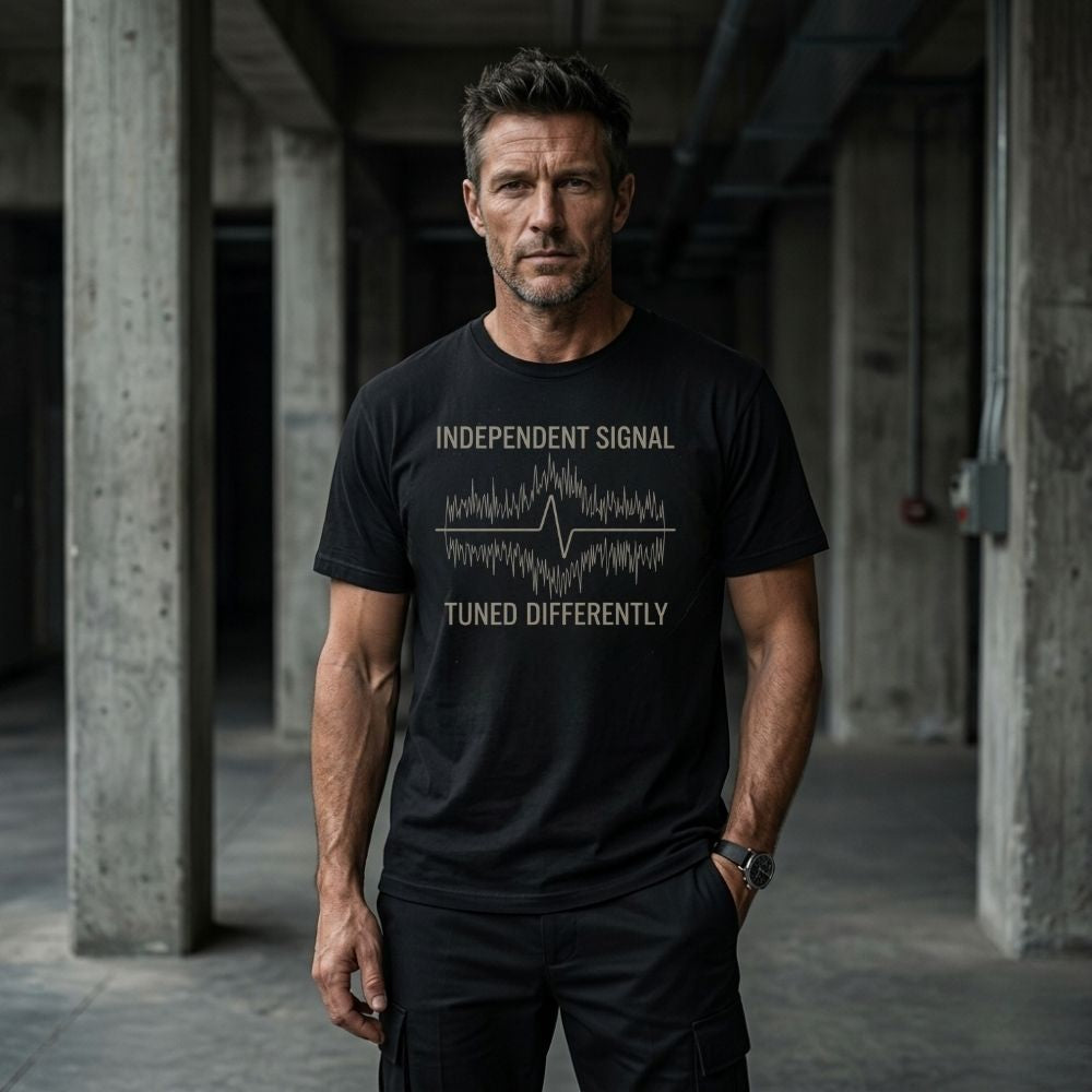 Man wearing a black t-shirt with text in an industrial setting