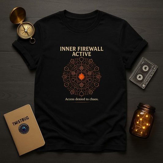 Black T-shirt with glowing firewall mandala design and text “Inner Firewall Active – Access denied to chaos” — digital mindfulness aesthetic by Twistbug.