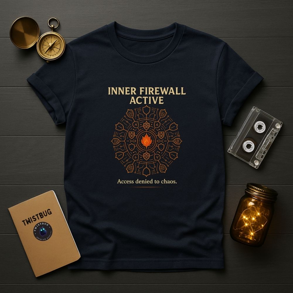 Navy T-shirt showing geometric circuit mandala with orange flame center and minimalist typography — Twistbug weirdcore tech design.