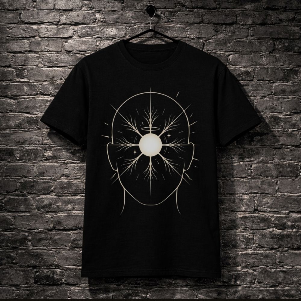 A black short-sleeve t-shirt hanging on a black hanger against a dark gray brick wall. The shirt features a white graphic print of a stylized human head with radiating lines and a circular center.