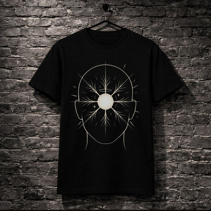 A black short-sleeve t-shirt hanging on a black hanger against a dark gray brick wall. The shirt features a white graphic print of a stylized human head with radiating lines and a circular center.