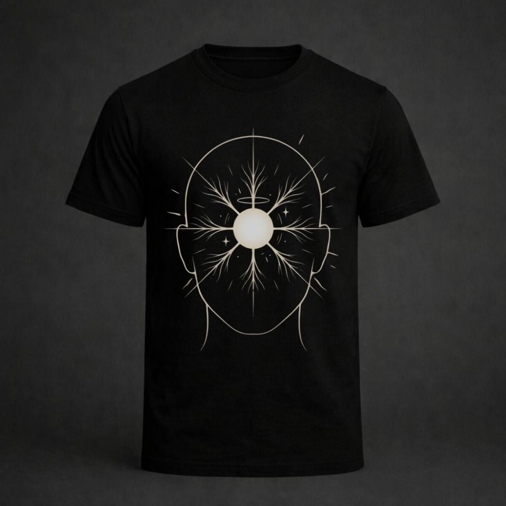 A black short-sleeve crewneck t-shirt featuring a white graphic print of a human head outline with a glowing central orb and radiating lines, set against a dark gray background.