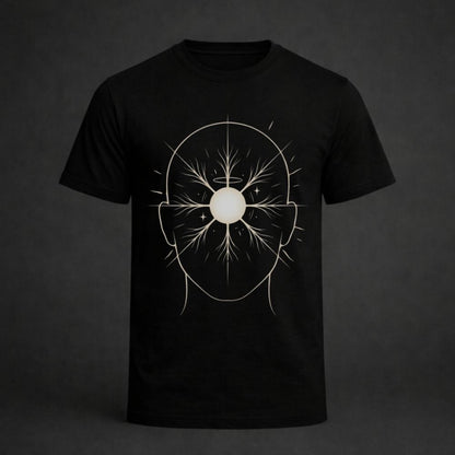 A black short-sleeve crewneck t-shirt featuring a white graphic print of a human head outline with a glowing central orb and radiating lines, set against a dark gray background.