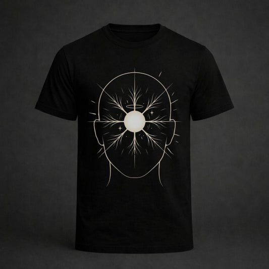 A black short-sleeve crewneck t-shirt featuring a white graphic print of a human head outline with a glowing central orb and radiating lines, set against a dark gray background.