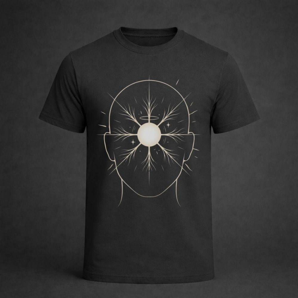 A dark charcoal gray short-sleeve t-shirt with a white graphic print of a stylized human head silhouette featuring a glowing central orb and radiating lines, set against a dark gray studio background.