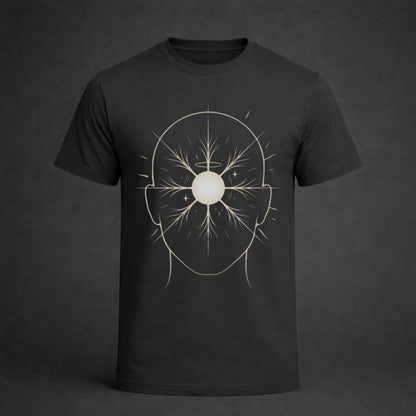 A dark charcoal gray short-sleeve t-shirt with a white graphic print of a stylized human head silhouette featuring a glowing central orb and radiating lines, set against a dark gray studio background.