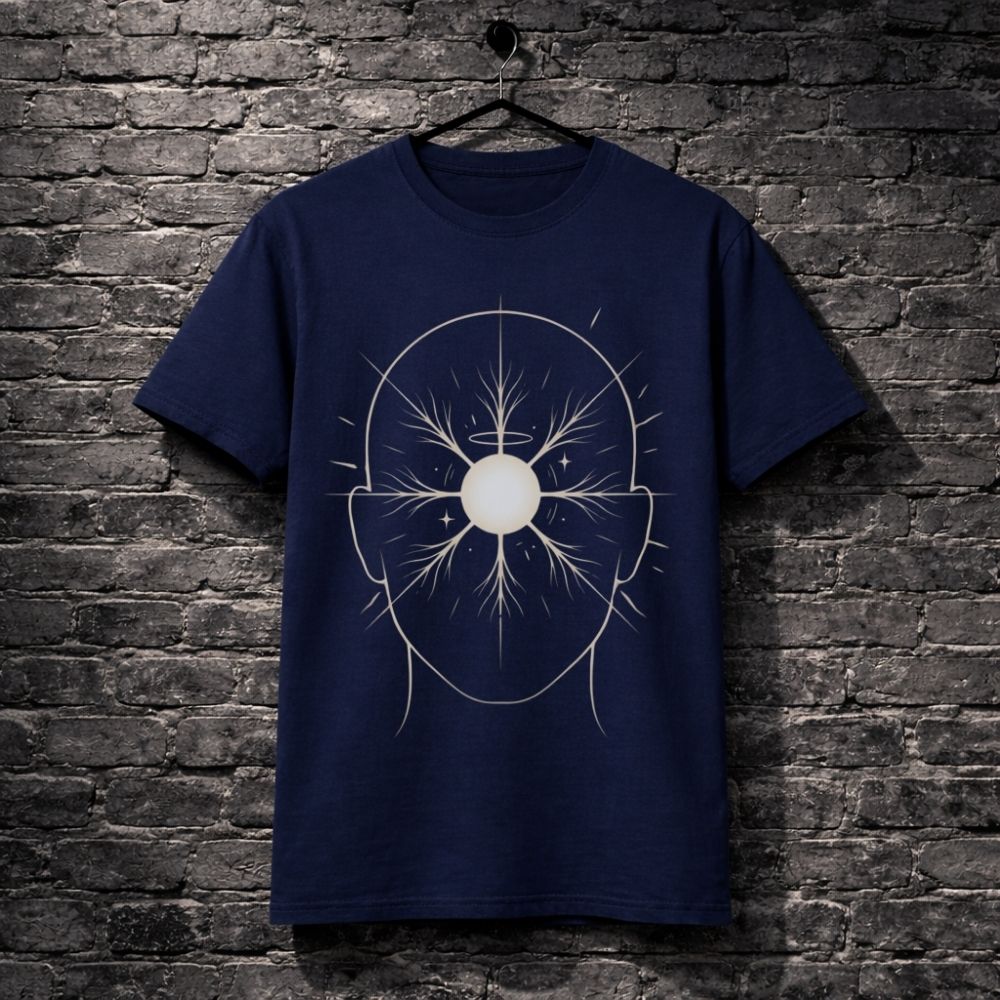 A navy blue short-sleeve t-shirt hanging on a black hanger against a dark gray brick wall. The shirt features a white graphic print of a stylized human head with a glowing circular center and radiating lines.