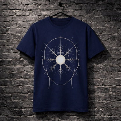 A navy blue short-sleeve t-shirt hanging on a black hanger against a dark gray brick wall. The shirt features a white graphic print of a stylized human head with a glowing circular center and radiating lines.
