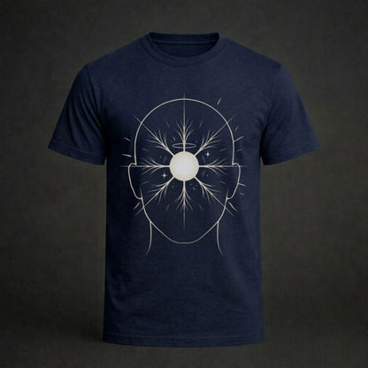 A navy blue short-sleeve t-shirt with a white graphic print of a stylized head outline and radiating lines on the chest, displayed against a dark gray background.