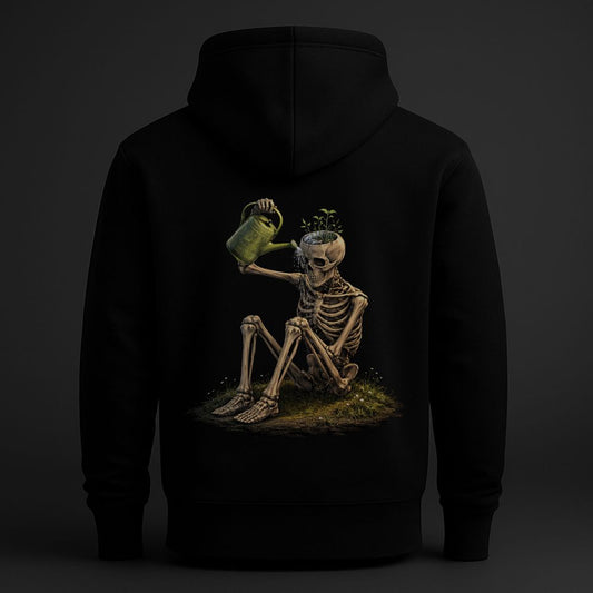 Surreal skeleton watering plants growing from its skull on the back of a black hoodie, symbolic inner growth artwork