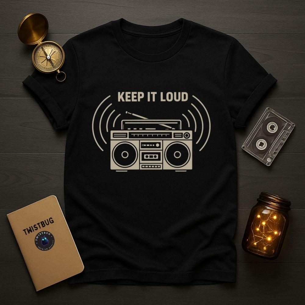 Black graphic T-shirt with bold vintage boombox and sound waves