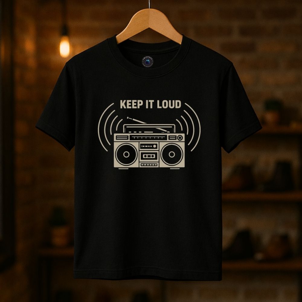 Black unisex T-shirt with “Keep It Loud” retro boombox graphic on hanger