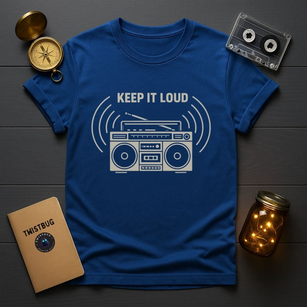 Blue unisex T-shirt featuring minimalist retro music boombox design