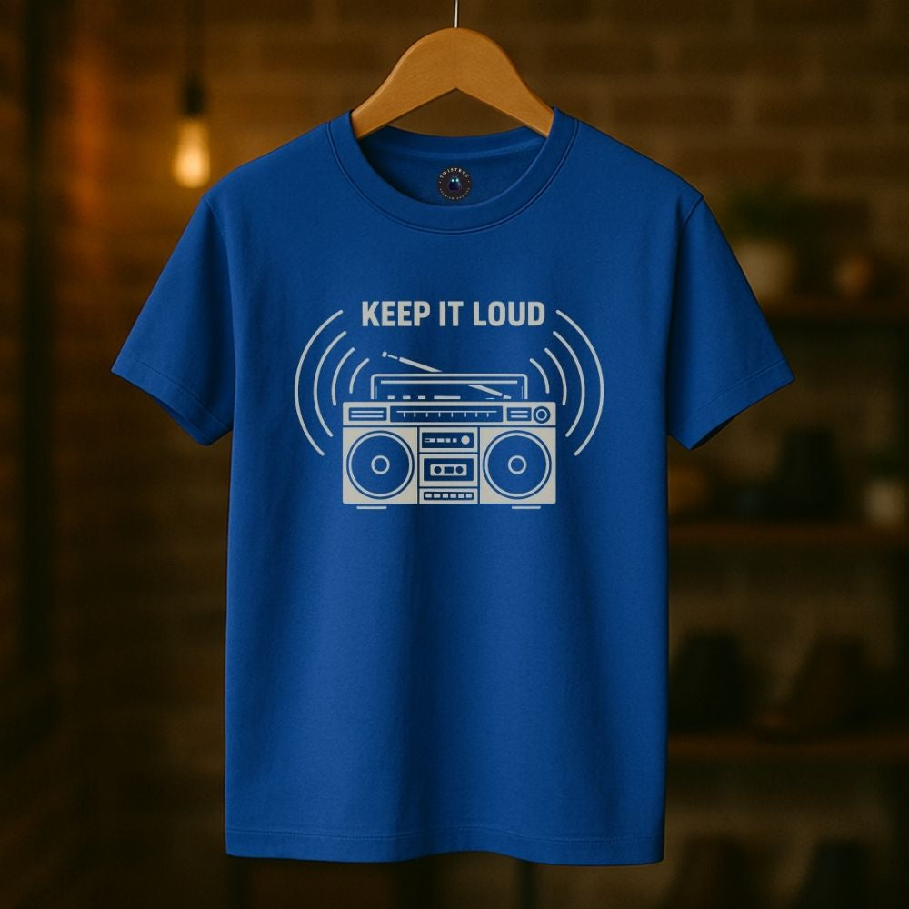 Blue unisex T-shirt on hanger with retro analog music illustration