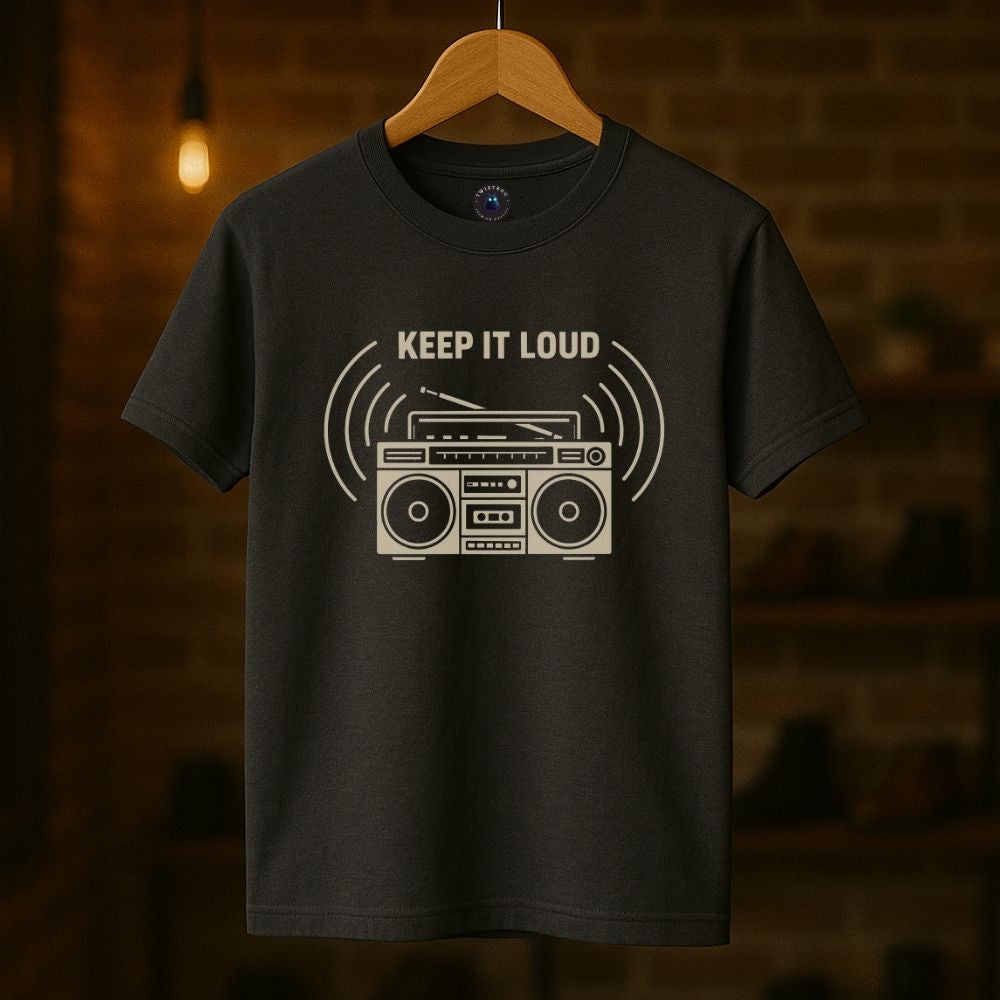Charcoal T-shirt displayed on hanger with retro boombox graphic printdesign