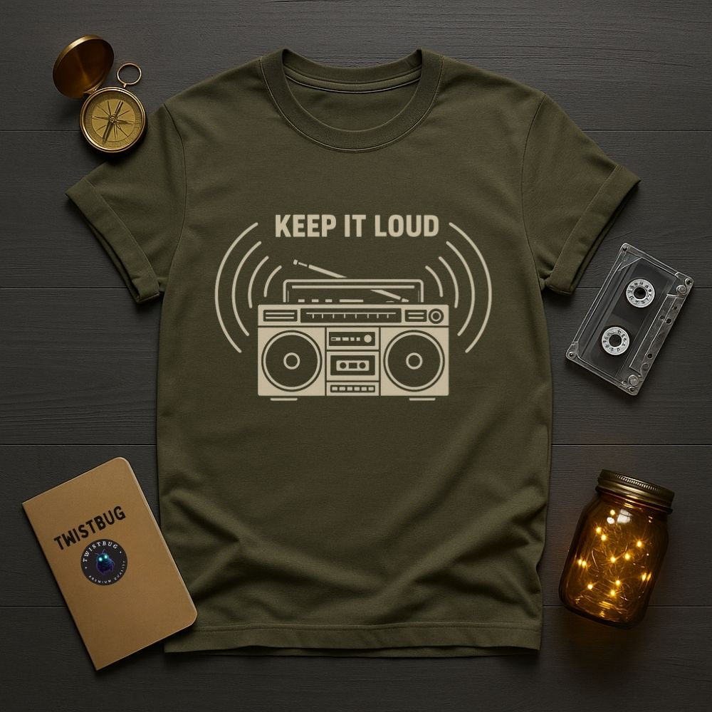 Military green unisex T-shirt with retro radio boombox illustration