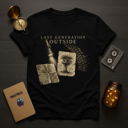 Black t-shirt with 'Last Generation Outside' design on a wooden surface with vintage items.