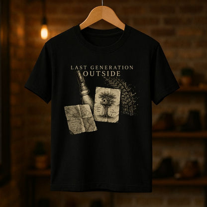 Black t-shirt with graphic design and text 'Last Generation Outside' on a wooden hanger against a dark background.