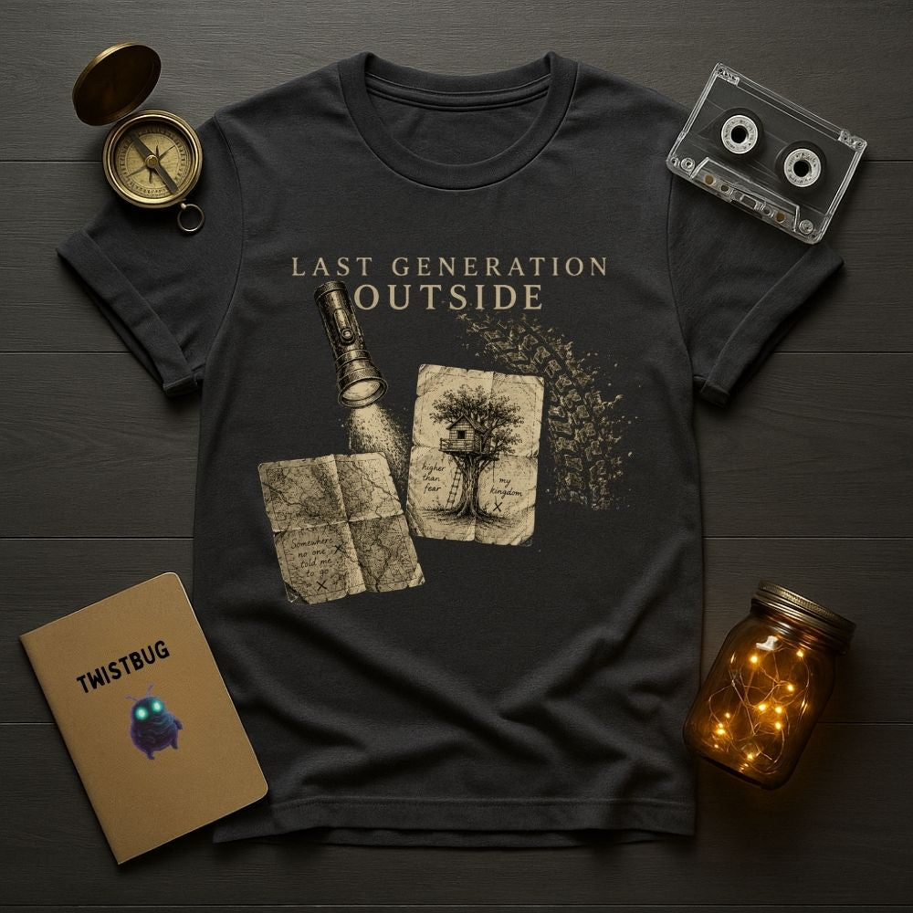 Black t-shirt with 'Last Generation Outside' design on a wooden surface with a compass, cassette tape, and jar.