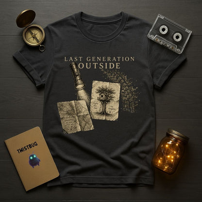 Black t-shirt with 'Last Generation Outside' design on a wooden surface with a compass, cassette tape, and jar.