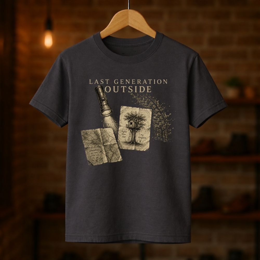Dark t-shirt with graphic design and text 'Last Generation Outside' on a wooden hanger against a brick wall background.
