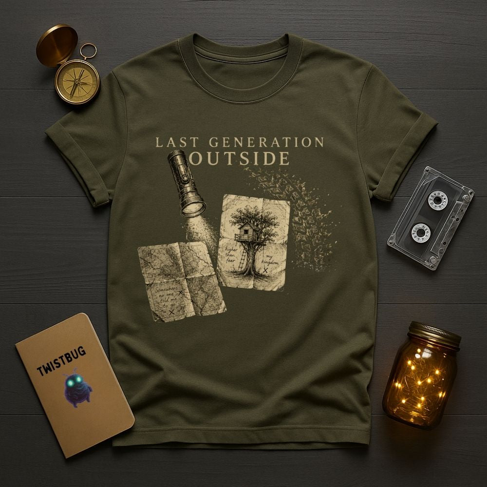Green t-shirt with 'Last Generation Outside' design on a wooden surface with vintage items.