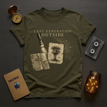 Green t-shirt with 'Last Generation Outside' design on a wooden surface with vintage items.