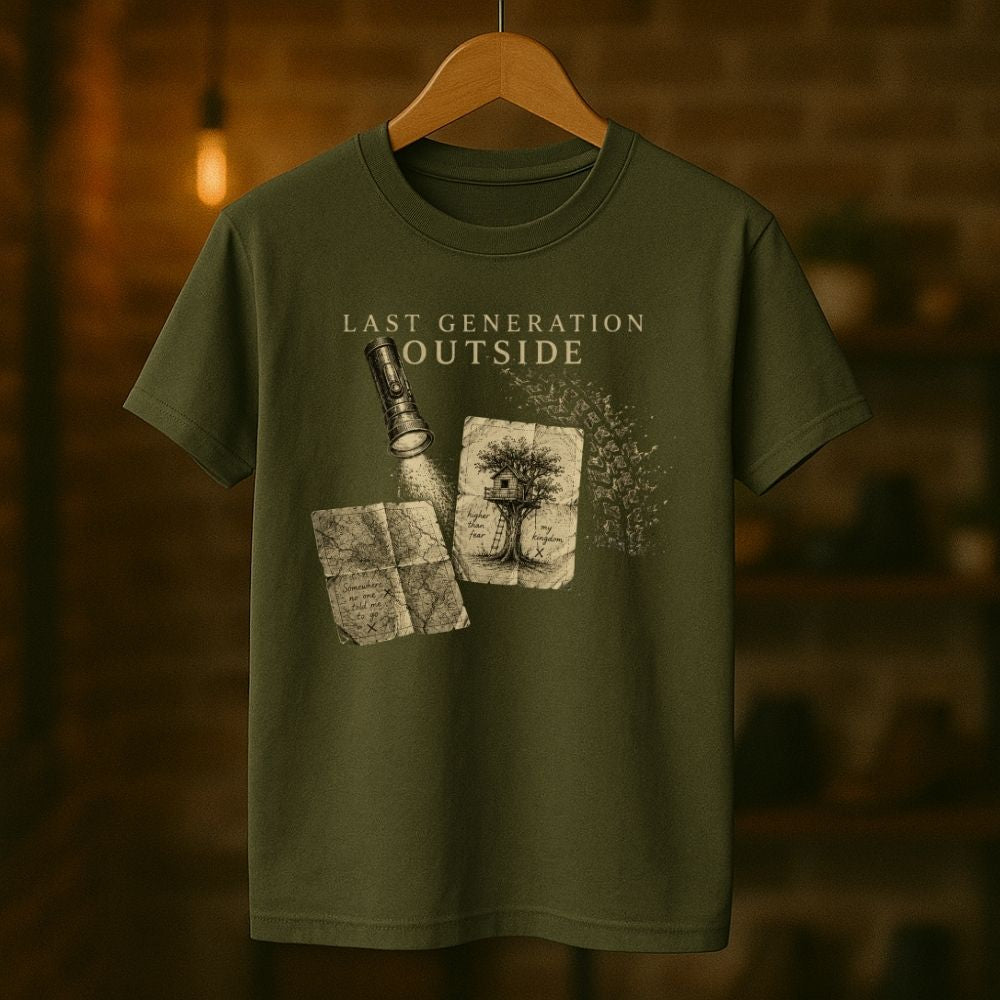 Green t-shirt with graphic design and text on a wooden hanger against a blurred background