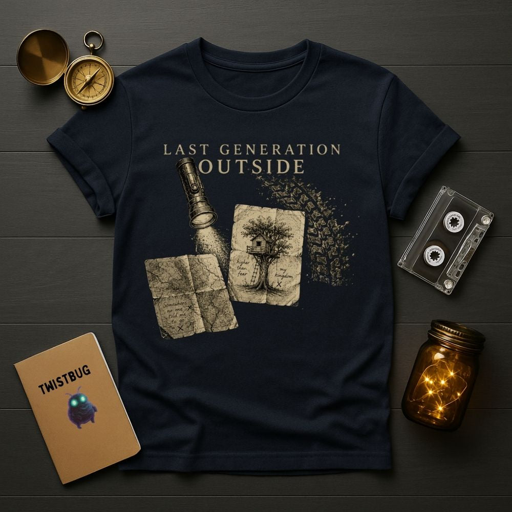Navy blue t-shirt with 'Last Generation Outside' graphic design on a wooden surface with vintage items.