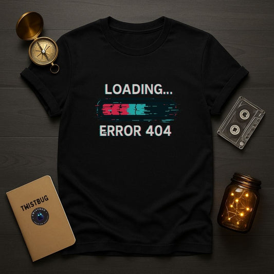 Black graphic t-shirt with “Loading… Error 404” glitch design laid flat