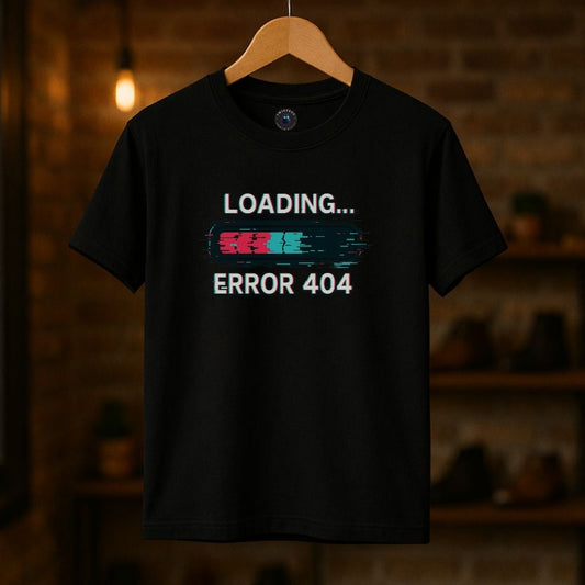 Black unisex t-shirt on hanger with glitch “Loading… Error 404” graphic