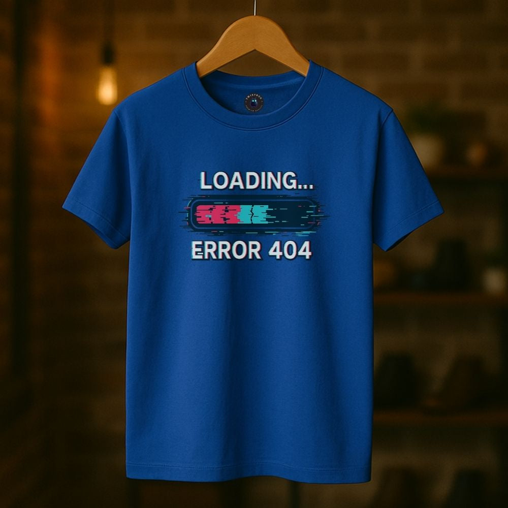 Blue graphic t-shirt on hanger with distorted loading Error 404 artwork
