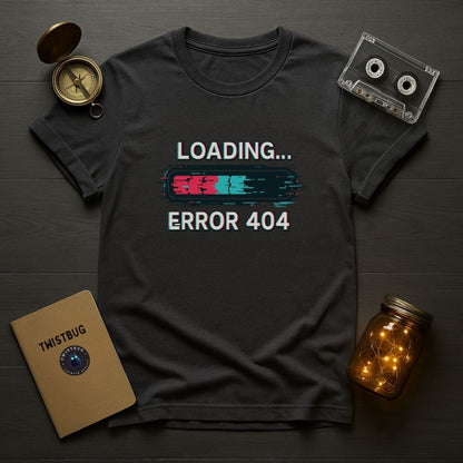 Charcoal t-shirt featuring glitch “Loading… Error 404” graphic design