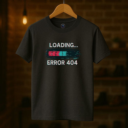 Charcoal unisex t-shirt on hanger with glitch Error 404 loading design