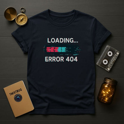 Navy blue t-shirt with retro glitch “Loading… Error 404” print