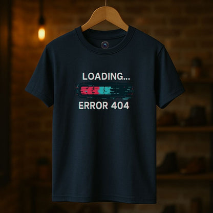 Navy t-shirt on hanger displaying glitch loading bar Error 404 design