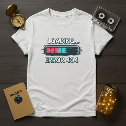 White graphic t-shirt featuring glitch loading bar Error 404 text