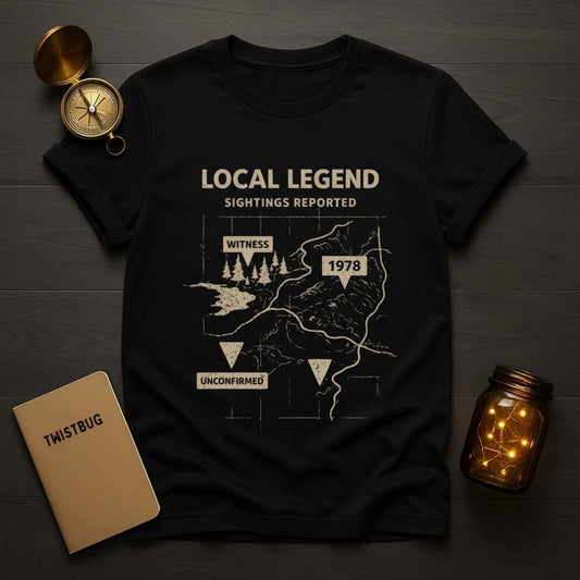 Local Legend folklore graphic T-shirt with unconfirmed sightings map on black fabric