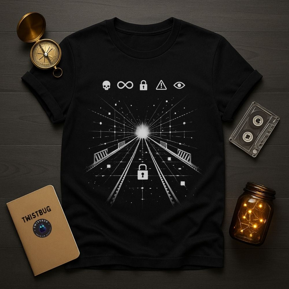 Black surreal sci-fi t-shirt with glowing pathway, lock symbol, and abstract control icons on a flatlay background