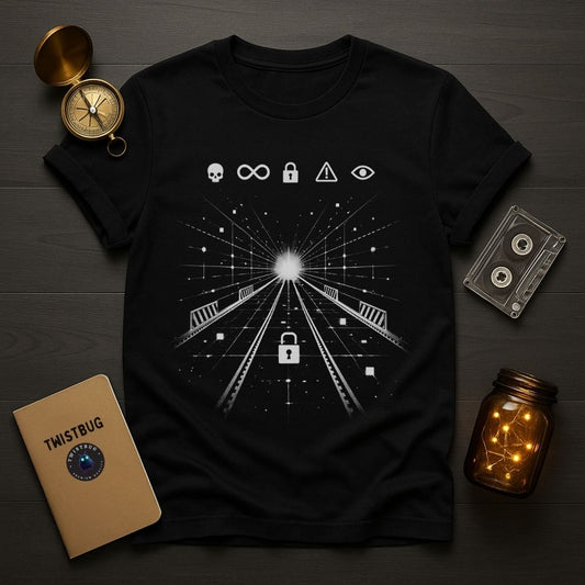 Black surreal sci-fi t-shirt with glowing pathway, lock symbol, and abstract control icons on a flatlay background