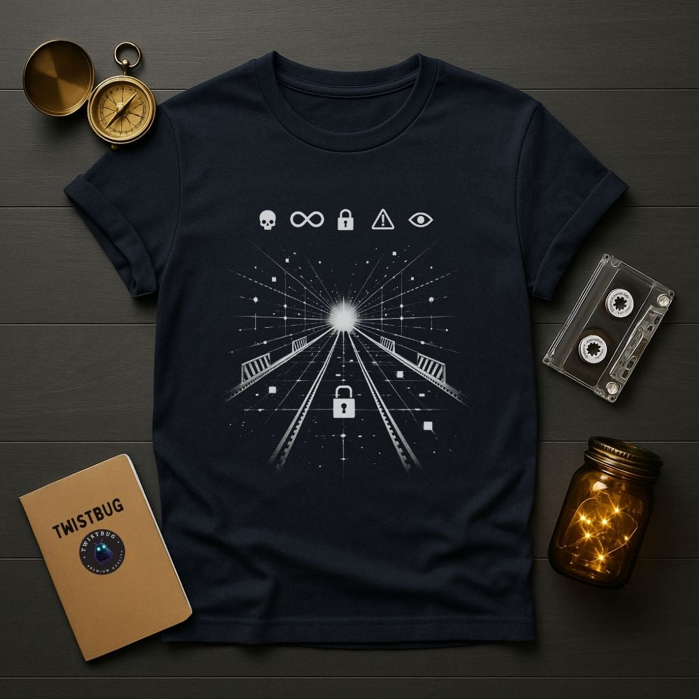Navy surreal sci-fi graphic tee featuring a digital tunnel, lock icon, and minimalist dystopian symbols