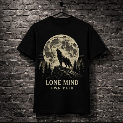 Black t-shirt with a wolf graphic and 'Lone Mind Own Path' text on a brick wall background