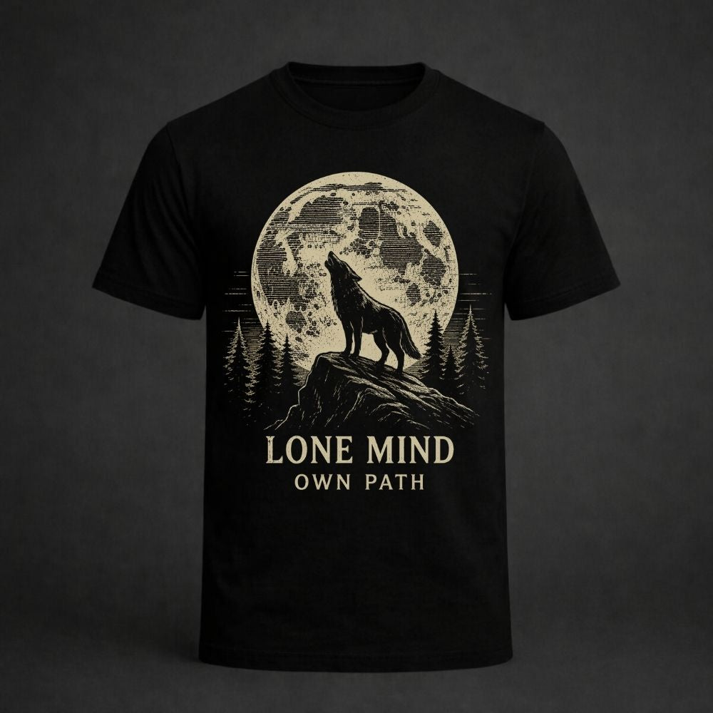 Black t-shirt with a graphic of a wolf howling at a moonlit sky and the text 'Lone Mind Own Path' on a dark background.