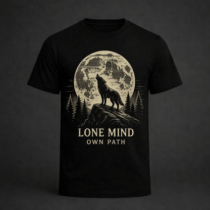 Black t-shirt with a graphic of a wolf howling at a moonlit sky and the text 'Lone Mind Own Path' on a dark background.