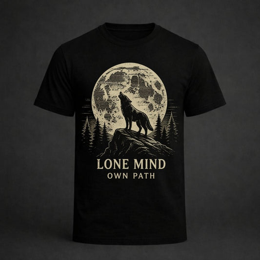Black t-shirt with a graphic of a wolf howling at a moonlit sky and the text 'Lone Mind Own Path' on a dark background.