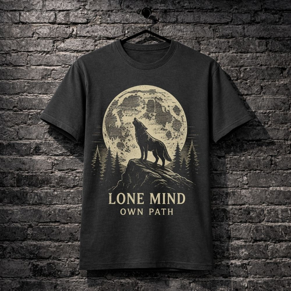 T-shirt with a wolf and moon design on a brick wall background