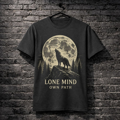 T-shirt with a wolf and moon design on a brick wall background