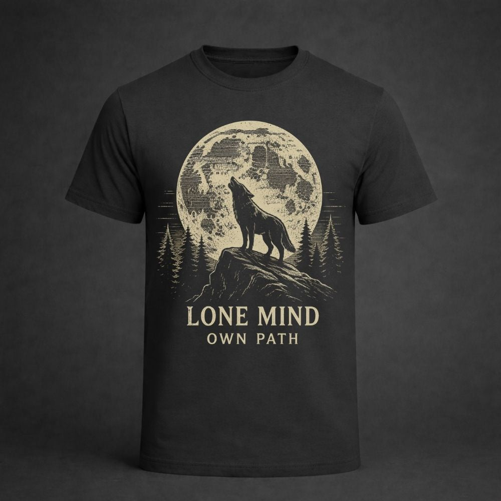 Black t-shirt with a graphic of a wolf howling at a moon and the text 'Lone Mind Own Path' on a dark background.