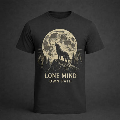 Black t-shirt with a graphic of a wolf howling at a moon and the text 'Lone Mind Own Path' on a dark background.