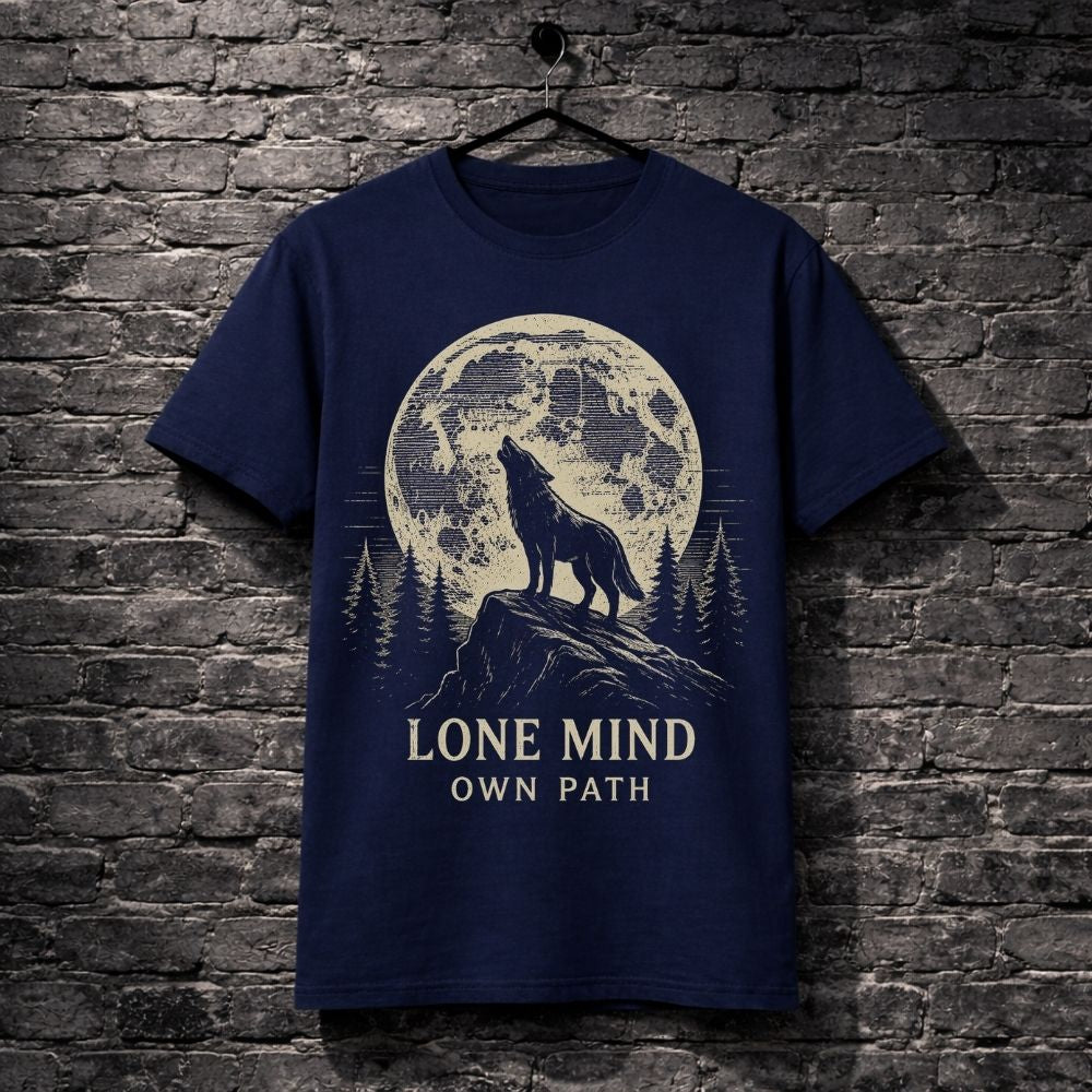 Navy blue t-shirt with a wolf howling at the moon graphic and text 'Lone Mind Own Path' on a brick wall background.